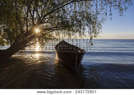 Old Boat On The Lake At Sunrise, Razim, Romania