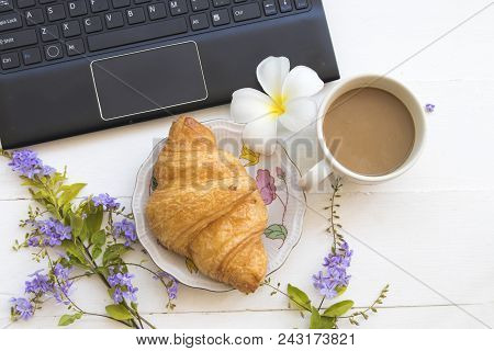 Computer Notebook For Business And Hot Coffee Dessert Bakery On Background White Wooden At Office De