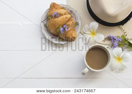 Hot Coffee With Dessert Bakery And Hat Lifestyle Of Woman Relax Summer On Background White Wood