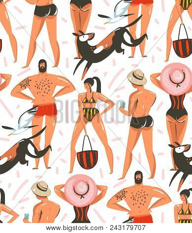 Hand Drawn Vector Abstract Graphic Cartoon Summer Time Collection Flat Illustrations Seamless Patter