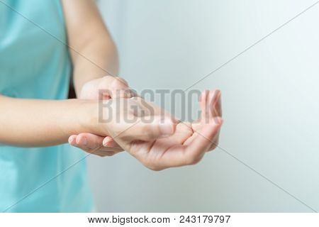 Woman Wrist Arm Pain. Office Syndrome Healthcare And Medicine Concept