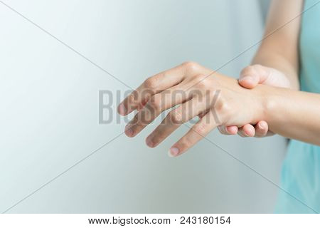 Woman Wrist Arm Pain. Office Syndrome Healthcare And Medicine Concept