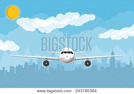 Airplane And City Skyline Silhouette At Day. Skyscappers, Towers, Office And Residental Buildings. C