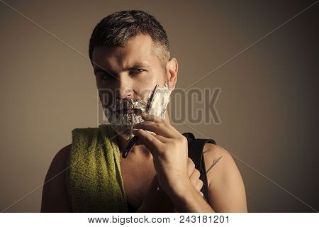 Man Face Handsome. Barber And Hairdresser. Fashion And Beauty, Innovation. Haircut Of Bearded Man, A