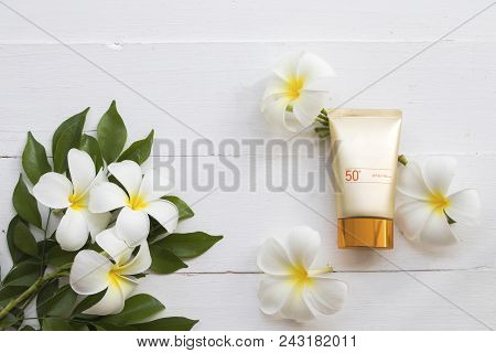 Natural Cosmetics For Skin Face Sunscreen Spf50 Of Lifestyle Woman Relax Summer On Background White