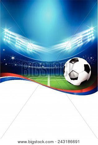 Soccer Football Stadium Greeen Grass Field With Spot Light At Night Time Vector Illustration