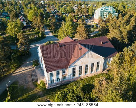 Bird's eye view of houses in urban-type settlement, Nikolskiy, Leningrad region, Russia.