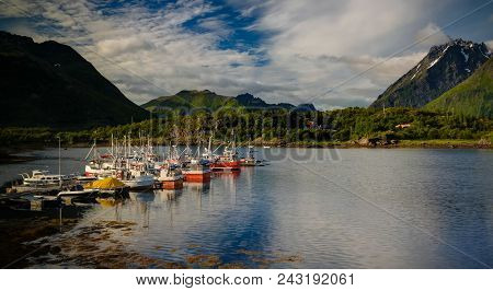 Panoramic View To Sildpollnes Village And Urvika Fjord, Austvagoy Island, Lofoten, Norway