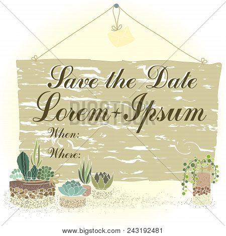 Vector Borders, And Save The Date With Wedding Invitation Labels On Wooden Background