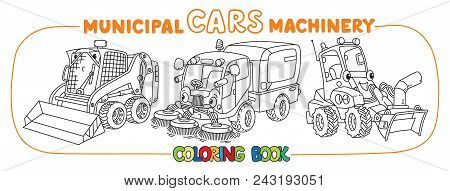 Funny Loader, Sweeper Car, Snowthrower Or Snow Blower. Small Funny Vector Cute Vehicles With Eyes An