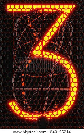 Nixie Tube Indicator, Lamp Gas-discharge Indicator Close-up. Number Three Of Retro. 3D Rendering