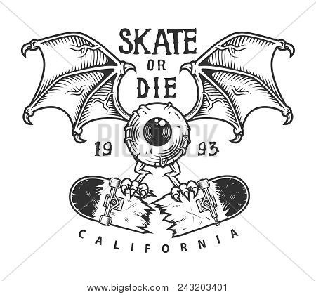 Vintage Skateboarding Logotype With Winged Eye Holding Broken Longboard In Monochrome Style Isolated