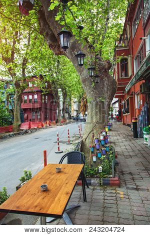 Istanbul, Turkey: Beautiful Decoration Of Street Cafe In Kuzguncuk District With Flowers And Lantern