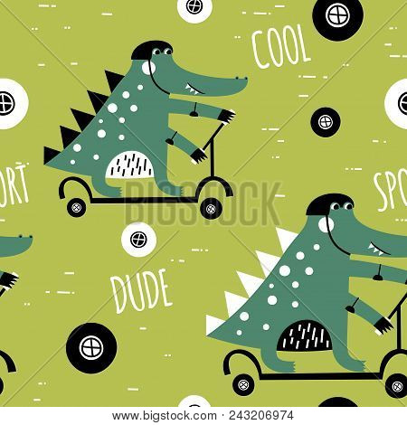 Cute Alligator Rides A Scooter. Vector Texture In Childish Style Great For Fabric And Textile, Wallp