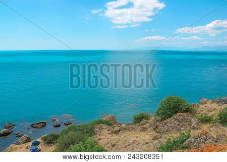 Sea And Rocks Beautiful Horizontal Landscape. Colorful Background, Tourism Concept.