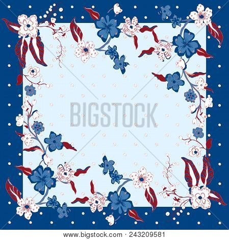 Card, Bandana Print, Kerchief Design, Napkin. Dark Blue Beige Ornate Pattern On Pastel Vlue. Ready F