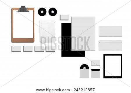 Blank Corporate Id. Set Isolated On White. Consist Of Business Cards, Folder, Tablet Pc, Envelopes, 