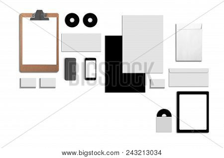 Blank Corporate Id. Set Isolated On White. Consist Of Business Cards, Folder, Tablet Pc, Envelopes, 