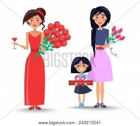 Woman In Red Dress With Roses And Glass Of Wine, Female Character In Purple Skirt Holds Pink Roses A