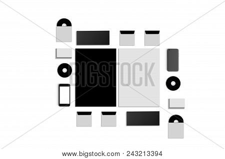 Blank Corporate Id. Set Isolated On White. Consist Of Business Cards, Folder, Tablet Pc, Envelopes, 