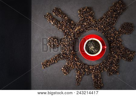 A Cup Of Coffee In Red Cup With Coffee Bean City Symbol Round Shape , Flat Lay Image With Copy Space