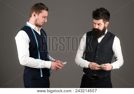 Overpayment Concept. Tailor, Greedy Designer Wants More Money For Expensive Clothes. Customer, Clien