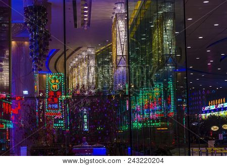 Macau - March 07 : Neon Signs On The Streets Of Macau On March 07 2018