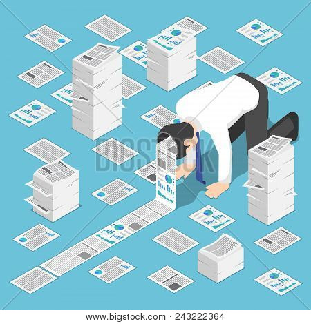 Flat 3d Isometric A Lot Of Document Come Out From Businessman Head. Hardworking And Information Over