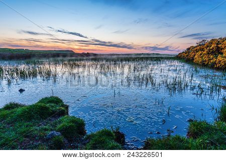 Rising Mist From Pond At Dunstanburgh Castle, In Late Evening Twilight In Northumberland