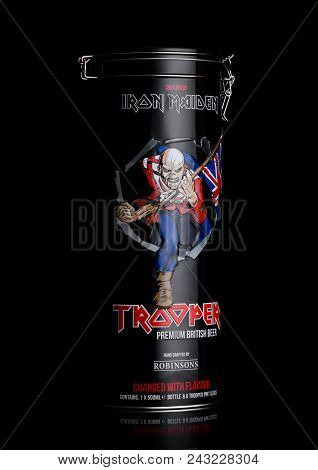 London, Uk - June 01, 2018: Gift Steel Tube Of Trooper Premium British Beer On Black Background. Cre