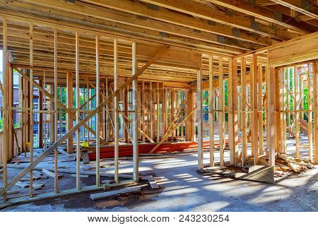 Wood Building Frame At Multi-family Housing Construction Site Post And Beam Construction
