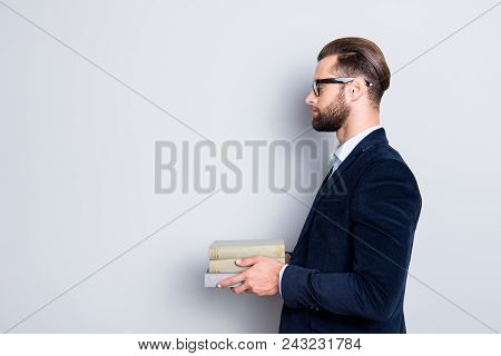 Profile Side View Half Face Portrait With Copyspace, Empty Place Of Calm Concentrated Teacher In Shi