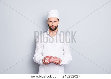 Portrait With Copy Space, Empty Place Of Handsome Attractive Butcher Demonstrate Fresh Meat In His A