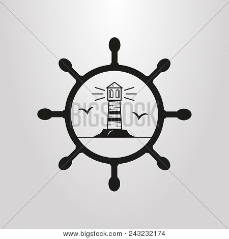 black and white lighthouse icon with silhouettes of seagulls at the sea helm frame