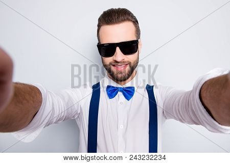 Self Portrait Of Cool Famous Singer Wearing Bow, Shirt, Suspenders Shooting Selfie On Front Camera W