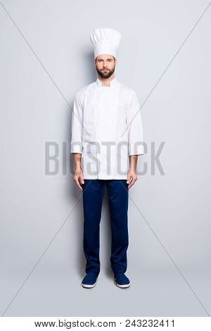 Full Size Fullbody Portrait Of Attractive Stylish Chef Cook With Stubble In Beret, Looking At Camera