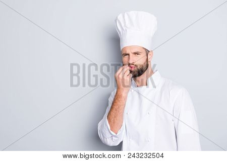 Portrait With Copy Space, Empty Place For Advertisement Product Of Handsome Chef Cook In Beret, Whit