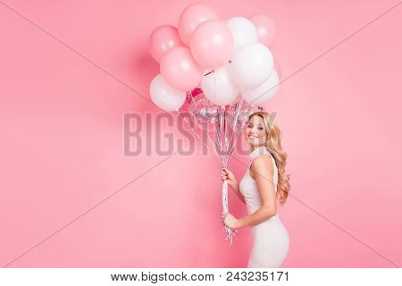 Side View Portrait Of Sexy Stunning Girlfriend Having Many Colorful Air Ballons In Hands Looking At 