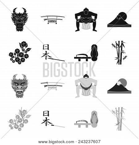 Geta, Sakura Flowers, Bamboo, Hieroglyph.japan Set Collection Icons In Black, Monochrome Style Vecto