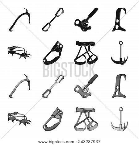 Hook, Mountaineer Harness, Insurance And Other Equipment.mountaineering Set Collection Icons In Blac