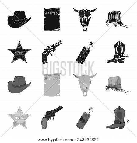 Star Sheriff, Colt, Dynamite, Cowboy Boot. Wild West Set Collection Icons In Black, Monochrome Style