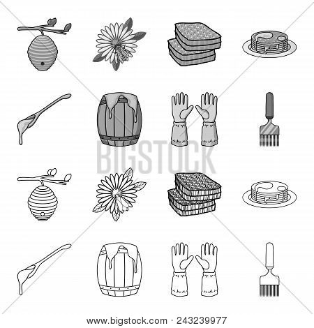 A Spoon Of Honey, Protective Gloves, A Barrel Of Honey, A Fork.apiary Set Collection Icons In Outlin