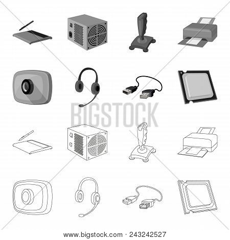 Webcam, Headphones, Usb Cable, Processor. Personal Computer Set Collection Icons In Outline, Monochr