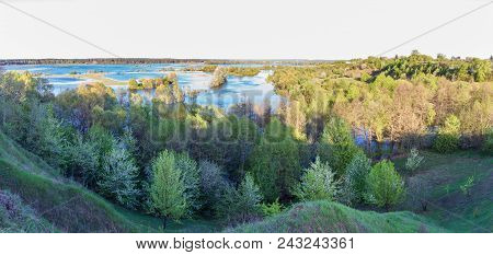 The River In Flood After Snowy Winter. Spring Flood Of The Seym River In Ukraine. Panoramic Image Of