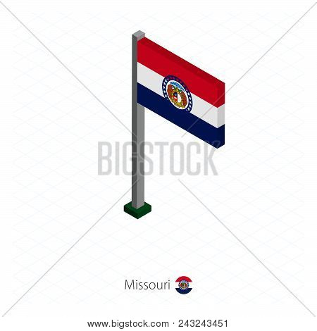 Delaware Us State Flag On Flagpole In Isometric Dimension. Isometric Blue Background. Vector Illustr