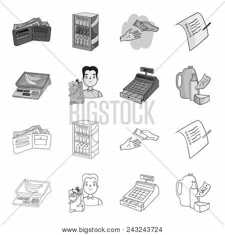 Package, Scales, Banana, Fruit .supermarket Set Collection Icons In Outline, Monochrome Style Vector