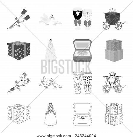 Wedding And Attributes Outline, Monochrome Icons In Set Collection For Design.newlyweds And Accessor
