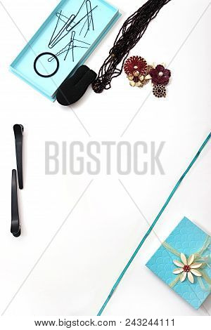 Accessories And Hair Pins Flat Lay. Sponge For Hair, Hairdo Babette. Necklaces Of Beads Or Flowers, 
