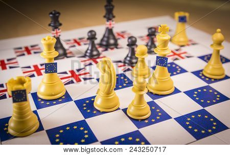 Chess Board With European Union And Great Britain Pieces. Brexit Negociations And Strategy Concept.