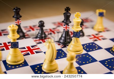 Chess Board With European Union And Great Britain Pieces. Brexit Negociations And Strategy Concept.